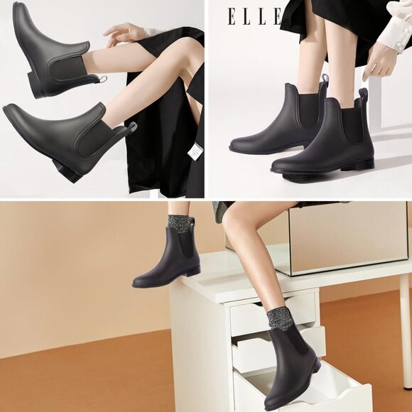 Women's Waterproof Ankle Rain Boots Chelsea Short Wellingtons Black 9 - Picture 5 of 6